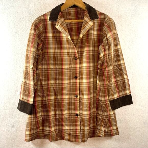 Vintage Tops - VTG Handmade Womens Plaid Button Up Shirt Corduroy Trim Farm‎ Cottagecore Rustic